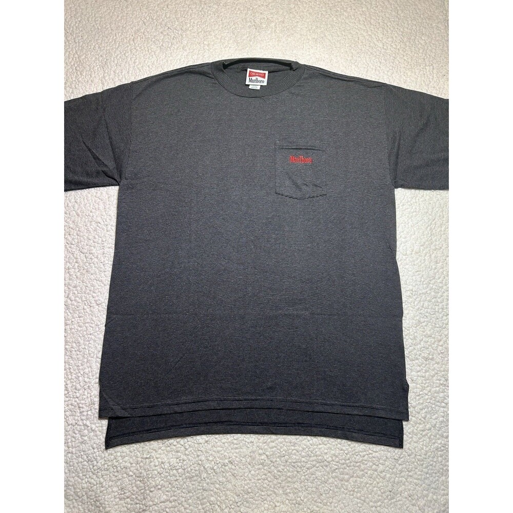 Vintage 90s Marlboro Unlimited Striped Pocket T-Shirt Men L/XL Embroidered Logo